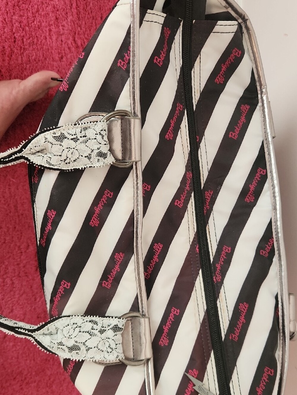 Betsey Johnson Black & White Striped Patchwork Tote with Pink Accents - Picture 7 of 7
